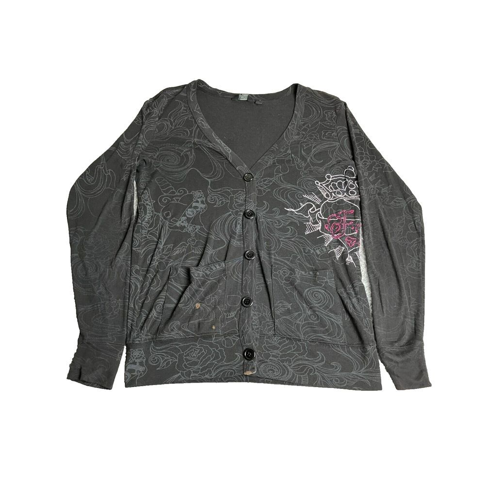 FOX Racing Sweater‎ Womens Small Black Button Front Cardigan Oversized Grunge